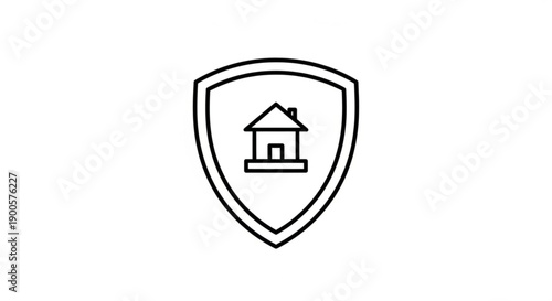 Simple line illustration of a house icon within a shield emblem symbolizing security and protection from a straightforward front viewpoint