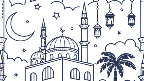 Islamic mosque with minarets and palm trees - hand-drawn vector illustration