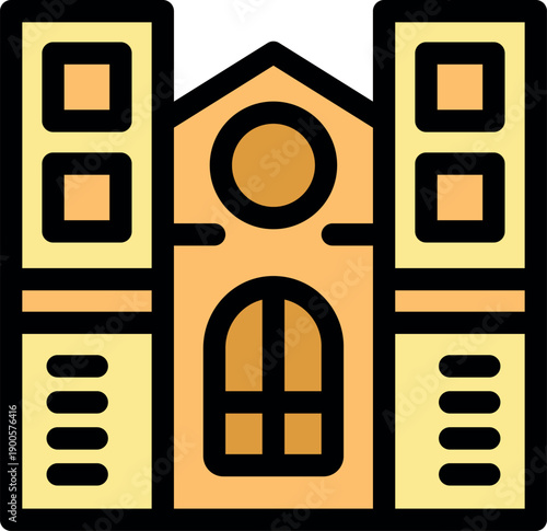 University building with large central door and two side towers, in simple cartoon style