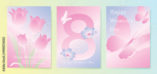 International Women's Day March 8 Greeting card set of Pink number 8 with flower on pink background