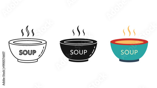 Three steaming bowls of soup in different colors Vector