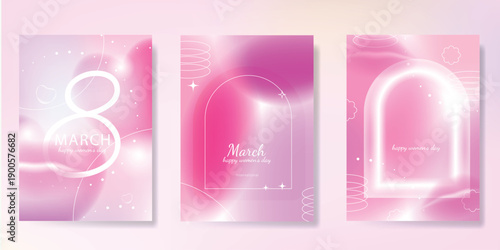 International Women's Day March 8 Greeting card set of Pink number 8 with flower on pink background