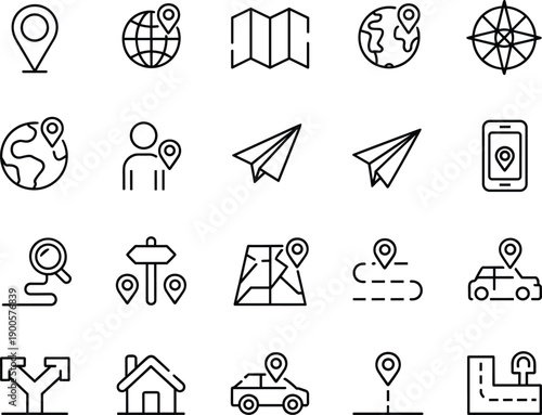 Minimalist Navigation and Map Location Line Icon Set Featuring GPS Pins Travel Routes Paper Planes and Directional Symbols for Mobile App Design and Web Interface