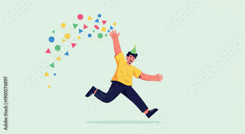 Happy man jumping with confetti celebration