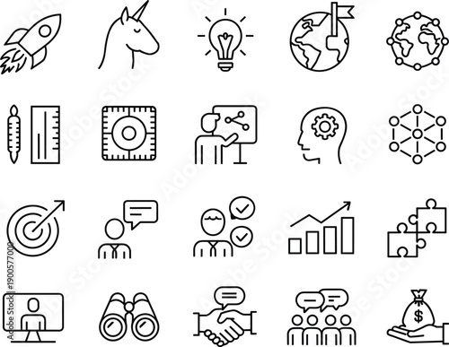 Set of Minimalist Business Startup Line Icons Featuring Rocket Launch, Unicorn, Innovation Idea, Global Strategy, Data Analysis, Professional Growth, Financial Success, and Corporate Collaboration