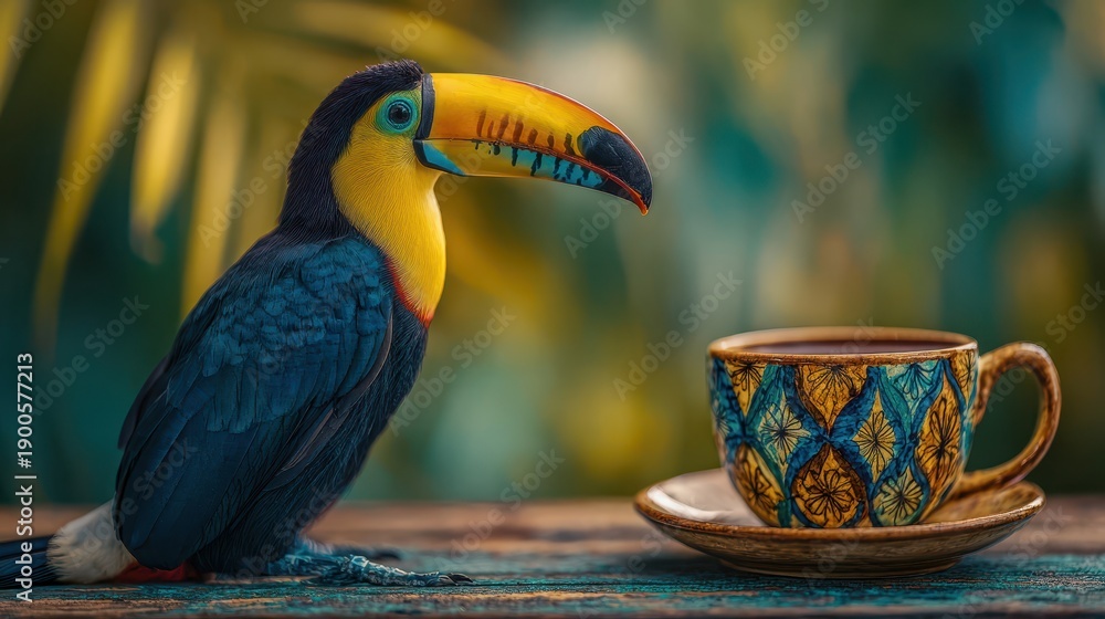 Fototapeta premium Colorful toucan sitting beside ornate ceramic cup of Brazilian coffee in tropical setting