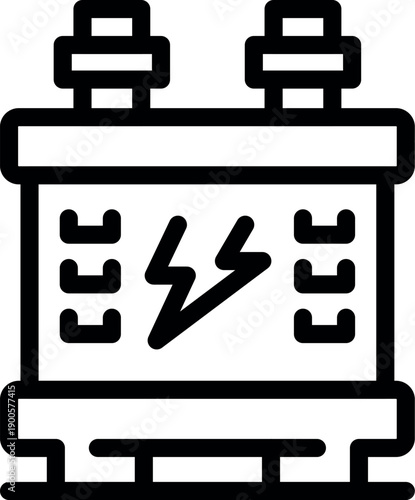Accumulator battery providing electricity, featuring a lightning symbol displayed on its surface, terminals on top, and a sturdy base