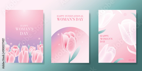 International Women's Day March 8 Greeting card set of Pink number 8 with flower on pink background