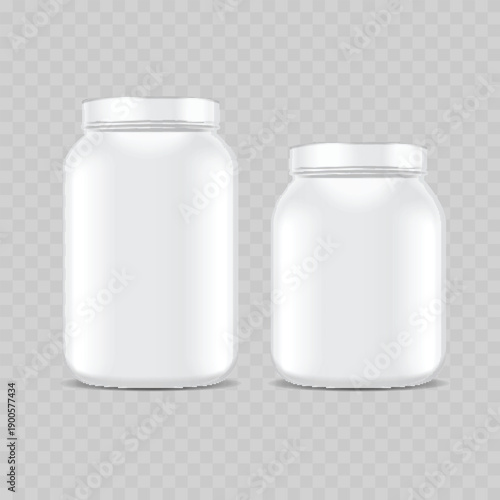Realistic White Plastic Jar Mockup Set. Vector Protein Powder or Supplement Container Template with Screw Cap.