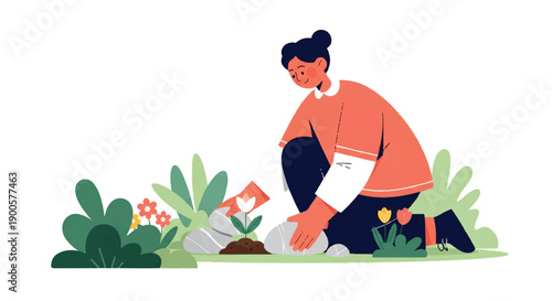Woman planting flowers in garden springtime scene