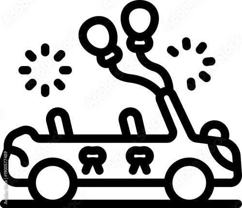 Just married car leaving wedding ceremony with balloons and decorations