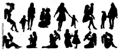 set of silhouettes of mothers and babys