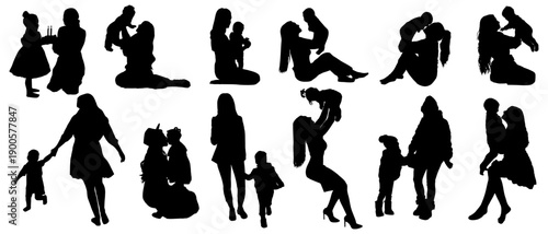 vector silhouettes set of mothers and babys
