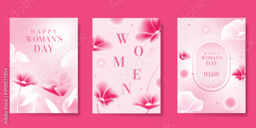 International Women's Day March 8 Greeting card set of Pink number 8 with flower on pink background