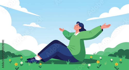 Woman relaxing in meadow enjoying nature