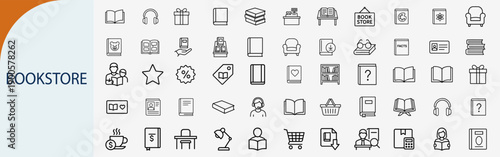 Online Bookstore and Library Education Line Icons Set, Vector Illustration