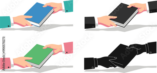 Hands exchanging books in various colors and styles, representing knowledge transfer.