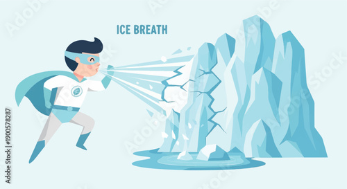 Superhero using ice breath to shatter ice mountain