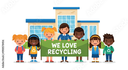 Children holding sign recycling school environment