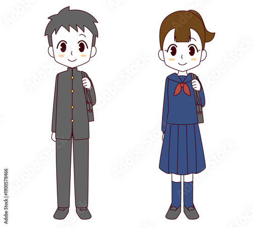 学ランの男子とセーラー服の女子のイラストセット