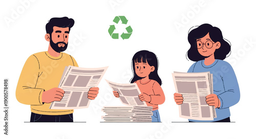 Family recycling newspapers for environmental awareness