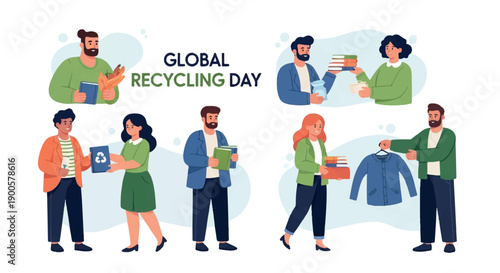 Global recycling day people donating books and clothes