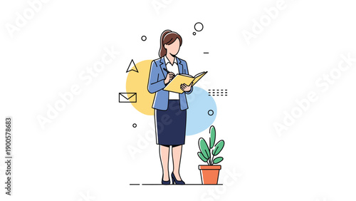 Professional businesswoman in formal attire standing and reviewing documents in an open folder, representing organized work and administrative tasks.