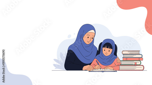 Loving Muslim mother wearing a hijab patiently guiding her young daughter with homework, fostering early education and strong family bonds.