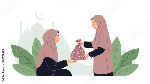 Generous Muslim woman wearing a hijab giving a gift bag to another, illustrating the spirit of charity, sharing, and kindness during festive occasions.