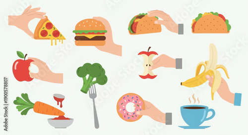 Hands holding food items and drinks