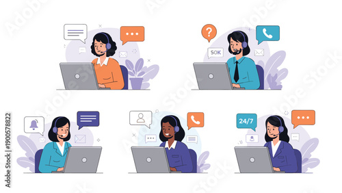 Diverse group of customer service representatives wearing headsets and actively working on laptops, providing professional online support and assistance.