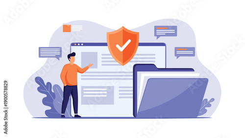 Confident man standing beside a secure document interface with a shield and checkmark, representing robust data protection and file security.