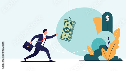 Ambitious businessman in a suit eagerly pursuing a stack of money on a fishing hook, symbolizing the pursuit of financial gain and wealth.