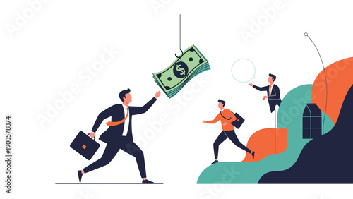 Driven businessman eagerly chasing money on a fishing hook, amidst others in the background, symbolizing the competitive pursuit of financial wealth.