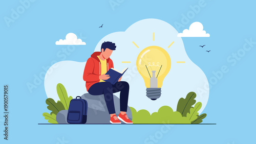 Thoughtful man sitting on a rock, engrossed in reading a book, accompanied by a bright lightbulb, symbolizing learning, ideas, and enlightenment.