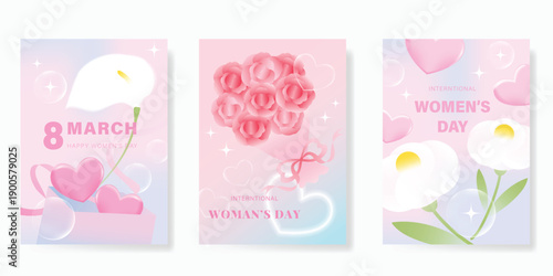 International Women's Day March 8 Greeting card set of Pink number 8 with flower on pink background