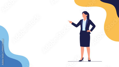 Confident businesswoman in a professional suit standing and pointing to the left, symbolizing leadership, direction, and strategic guidance.