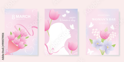 International Women's Day March 8 Greeting card set of Pink number 8 with flower on pink background