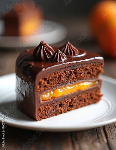Chocolate Austrian cake slice with apricot jam filling. Rich dark glaze tops airy sponge layers. Served on white plate. Sweet pastry temptation.