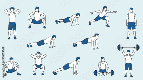 Comprehensive collection of diverse fitness exercises, including squats, push-ups, and lunges, illustrating a full-body workout routine.