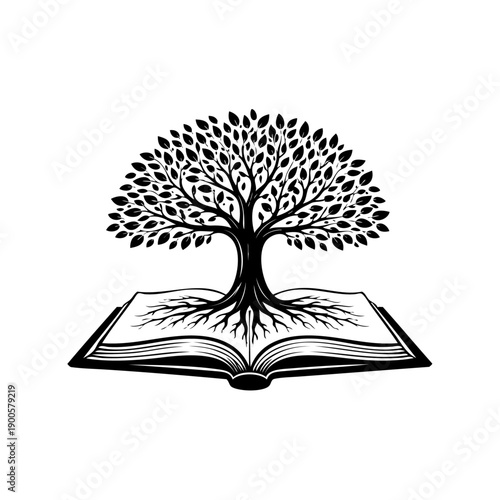 A majestic tree growing from the pages of an open book, symbolizing knowledge and growth.