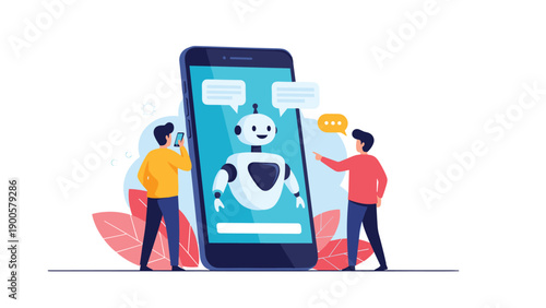 Two men interacting with a large smartphone featuring a chatbot robot, symbolizing modern AI assistance and efficient digital customer service.
