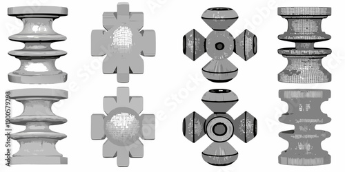 Detailed illustrations of ornate gray furniture leg or finial designs