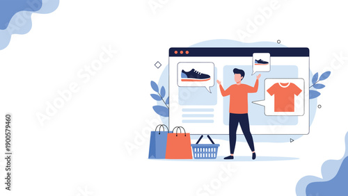 Casual man with shopping bags and a basket, actively interacting with an online store interface displaying various product choices.