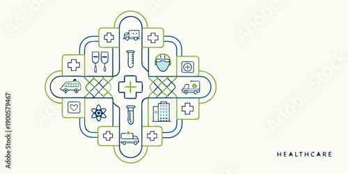 Healthcare icons arranged in a circular interconnected design with a green backdrop