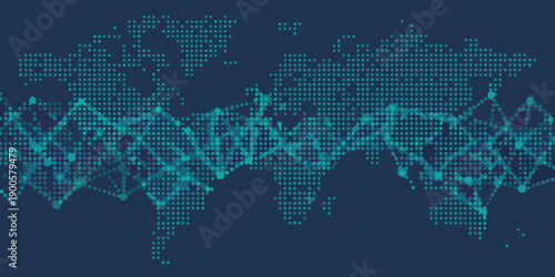 Abstract world map composed of glowing blue digital points and lines