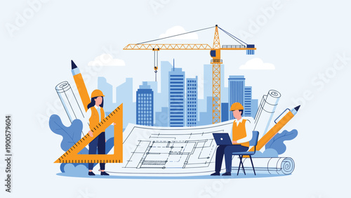 Dedicated architects, a man and a woman, working with large tools and blueprints, overlooking a vibrant city skyline and active construction site.