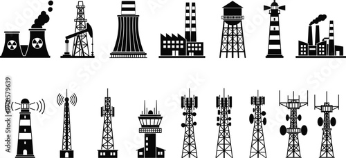 Industrial infrastructure silhouettes including factories, power plants, oil rigs, lighthouses and telecommunication towers isolated on white background vector illustration