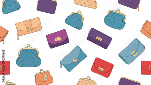 Vibrant seamless pattern showcasing a fashionable assortment of colorful women's purses and wallets, perfect for stylish accessory designs.