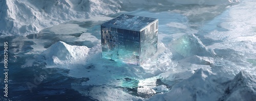 Digital time capsule mockup storing 90s tech floating above icy sci-fi terrain
